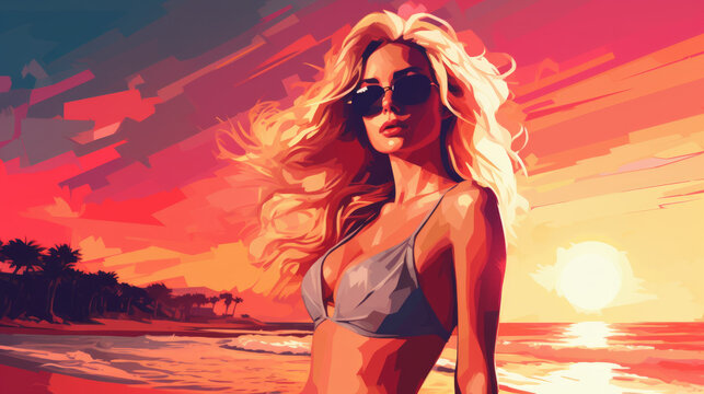 Illustration of portrait of a young blonde caucasian woman wearing a bikini on the beach with sunset colors and hair blowing in the wind
