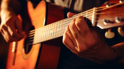 Fototapeta premium a man hand holding a guitar and plying generated by AI tool