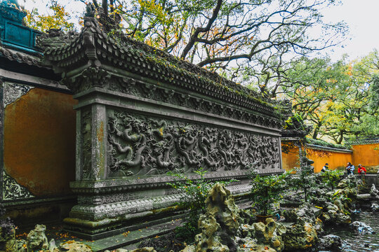 The Nine-Dragon Wall of Fayu temple in Putuo, Zhoushan City, China