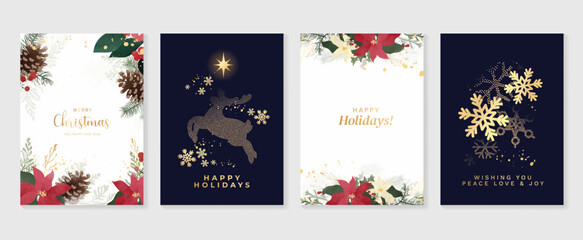 Luxury christmas invitation card art deco design vector. Christmas tree,  reindeer, pine cone, flower, spot texture on blue and white background. Design illustration for cover, poster, wallpaper.