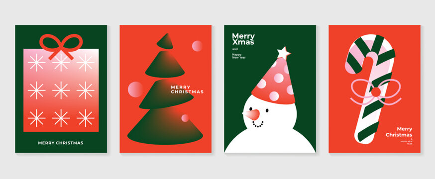 Merry christmas concept poster set. Cute gradient holographic background vector with vibrant color, christmas tree, snowman. Art trendy wallpaper design for social media, card, banner, flyer.