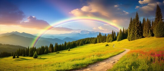 Stunning summer mountain scenery: verdant meadows, radiant evening light, rural road, and a captivating rainbow in the sky. Perfect for landscape photography. - Powered by Adobe
