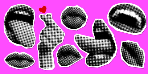 Retro halftone mouth and hands. Woman shows tongue. Heart hand. Hand gesture sign i love you. Kissing lips. Modern collage. Pop art. Valentines day design elements. Trendy vintage newspaper parts