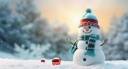 Naklejka na ściany i meble Snowman adorned with Christmas lights shining brightly in winter