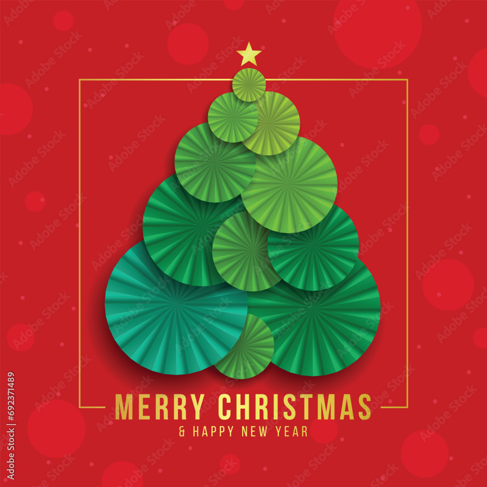 Poster merry christmas and happy new year - modern green circle shape fold paper christmas tree with star a