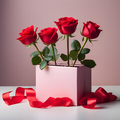 gift box with beautiful red ribbon and roses, concept of valentines day,