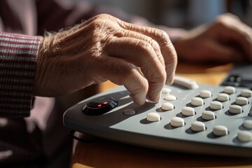 Elderly person using accessibility device to communicate. Assistive technology.