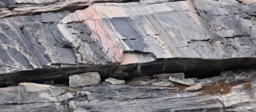 Ancient metamorphic rocks of North America, with white and pink intrusions penetrating gray gneiss in the Canadian Shield.