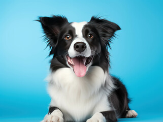 Border collie dog is standing on a blue background, isolated