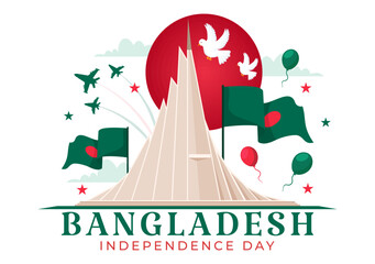 Happy Bangladesh Independence Day Vector Illustration on 26 March with Waving Flag and National Monument in Holiday Flat Cartoon Background