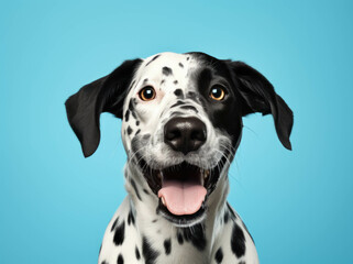 Dalmatian dog is standing on a blue background, isolated