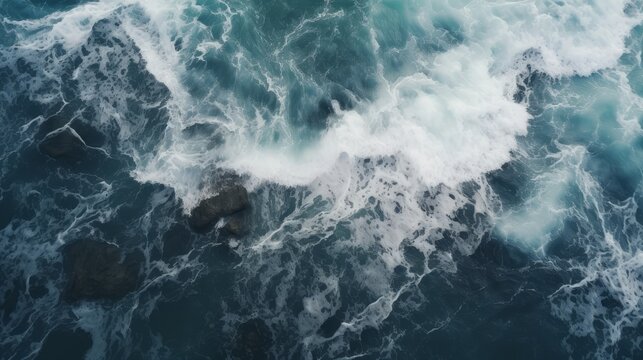Churning sea waves crash in wild open ocean in this captivating aerial shot.	