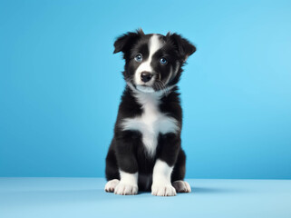 Dog is standing on a blue background, isolated