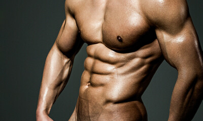 Muscular sexy body. Muscular sexy man. Naked shape body, strong man. Sensual and sexy. Closeup Male chest. Chest muscles. Muscled male torso with abs. Athletic Man showing muscular body and six pack. - obrazy, fototapety, plakaty