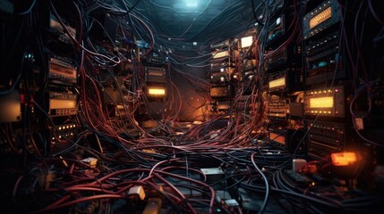Chaos of Tangled Network Cables - obrazy, fototapety, plakaty