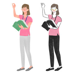 チョークを持って授業をする女性の先生の全身手描きイラスト