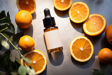 Bottle of vitamin C serum with fresh juicy orange fruit. Beauty product branding mock-up. Ai generated
