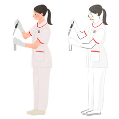 白衣を着て実験研究をする女性の全身手描きイラスト