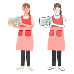 絵本を読み聞かせる保育士の女性の先生全身手描きイラスト