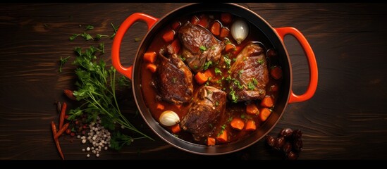 Top view of a stewpot with slow-cooked lamb shank in red wine sauce, shallots, and carrots,...