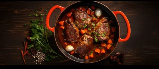 Zelfklevend Fotobehang Top view of a stewpot with slow-cooked lamb shank in red wine sauce, shallots, and carrots, representing a modern take on traditional braised lamb. © TheWaterMeloonProjec