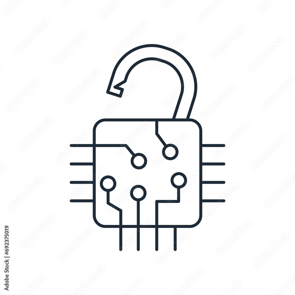 Poster cyber attack. open the electronic system. vector linear icon illustration isolated on white backgrou
