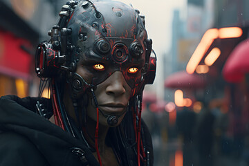 Photo of cyberpunk face. Generative AI.