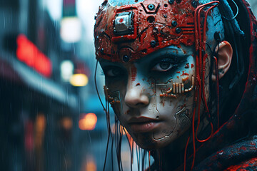 Photo of cyberpunk face. Generative AI.