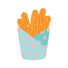 Churros in a paper bag. Mexican snack. Hand drawn flat vector illustration.