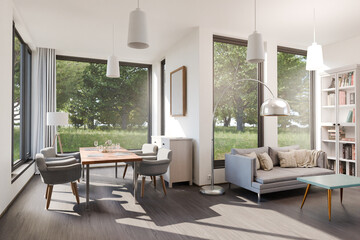 comfortable and modern dining and living room interior; rural design; bright sunlightl in ; 3D rendering