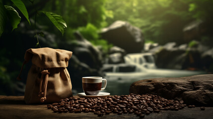 Coffee cup and a bag of roasted coffee beans on the natural green plantation background - obrazy, fototapety, plakaty
