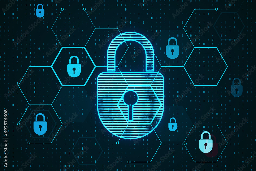Poster Creative glowing hexagonal padlock hologram with binary coding on blurry background. Safety and internet concept. 3D Rendering.