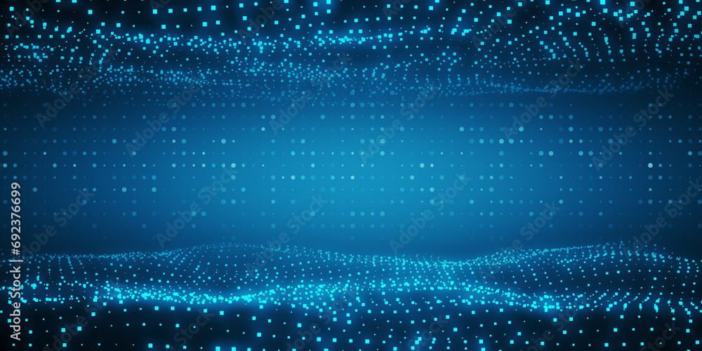 Aufkleber Dark blue abstract digital background with light particles forming a wave pattern. 3D Rendering