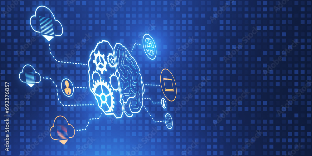 Poster Creative digital brain hologram with cogwheels and various connected icons on blue backdrop. Invention, ai and innovation concept. 3D Rendering.