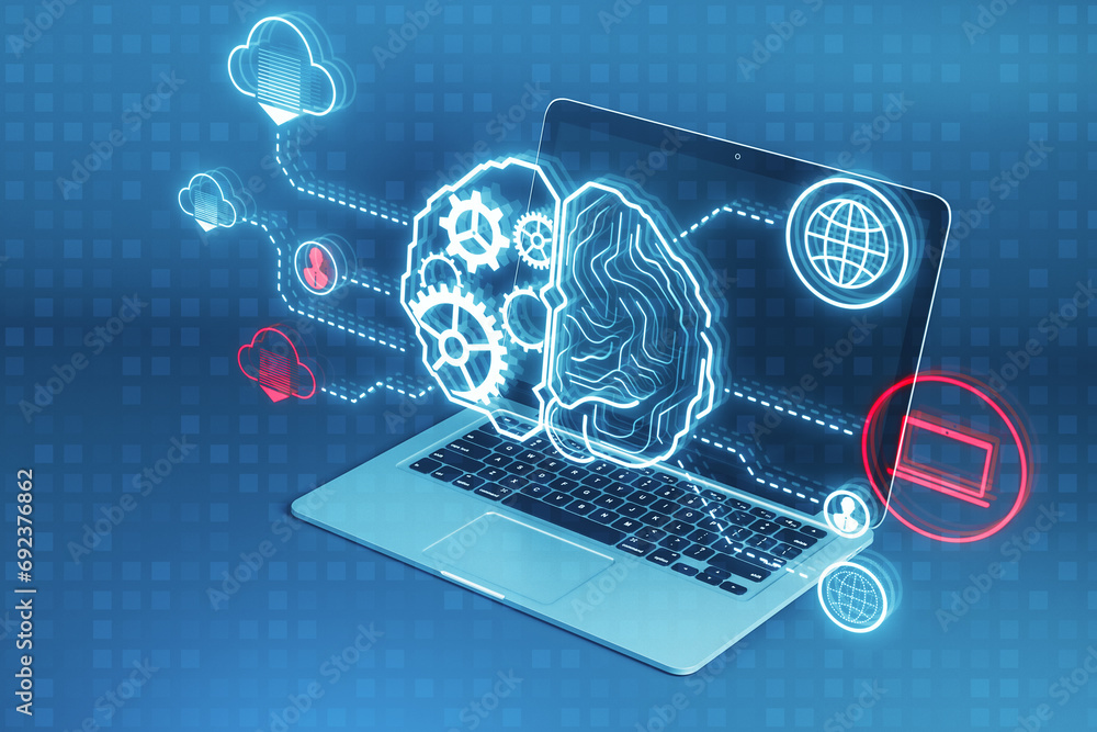 Poster close up of laptop with creative digital brain hologram with cogwheels and various connected icons o