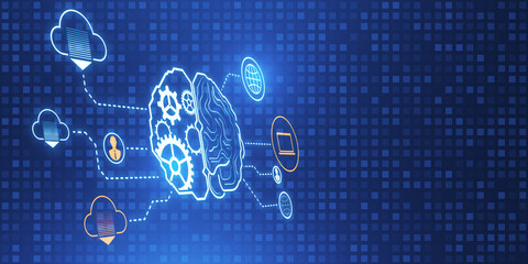 Creative digital brain hologram with cogwheels and various connected icons on blue backdrop. Invention, ai and innovation concept. 3D Rendering. - obrazy, fototapety, plakaty