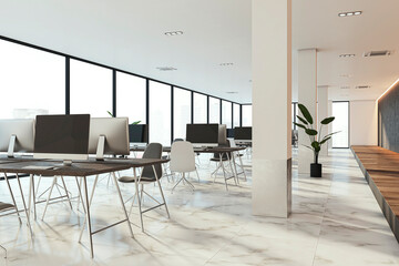 Simple bright coworking office interior with concrete wall, wooden flooring, windows with city view, sunlight, shadows and furniture. 3D Rendering.