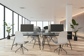 Clean bright coworking office interior with concrete wall, wooden flooring, windows with city view, sunlight, shadows and furniture. 3D Rendering.