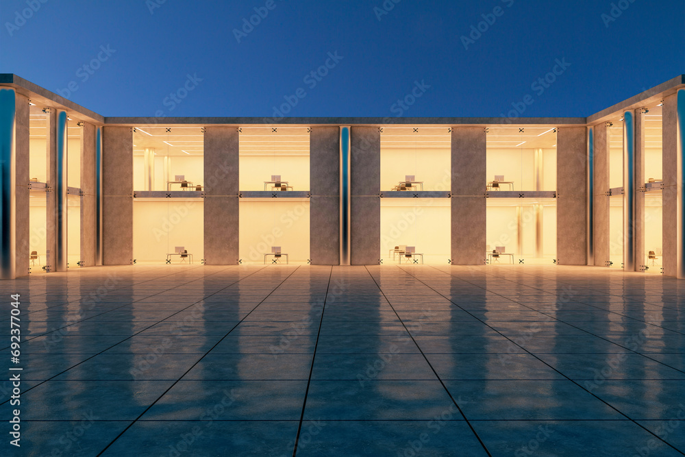 Aufkleber Twilight exterior view of a corporate building with reflection on the floor. Minimalist architecture concept. 3D Rendering