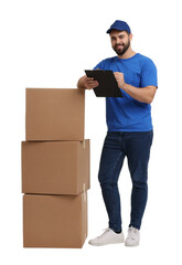 Happy young courier with stack of parcels and clipboard on white background