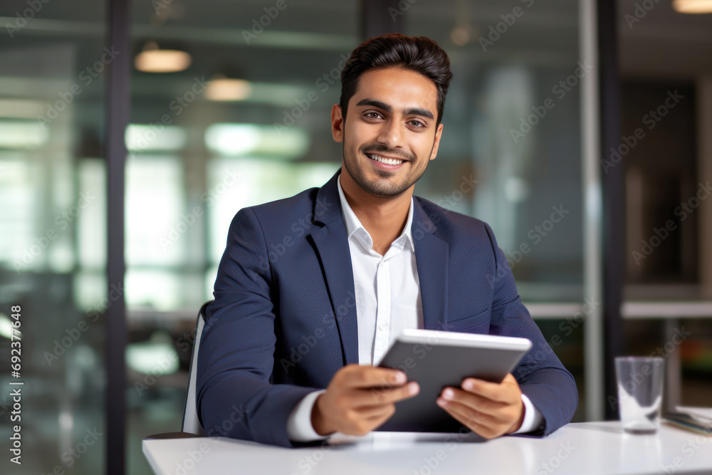 Wall mural happy young indian businessman employee manager using a tablet computer, looking at the camera at hi