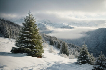 Fototapeta na wymiar landscape and christmas trees covered with snow on mountains