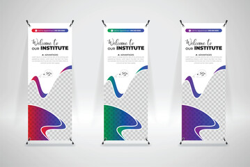 back to school admission roll up banner or xstand banner stand poster template design with 3 color