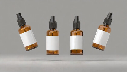 Amber Spray Bottle Mockup ; Three Bottles, Blank Labels, bottles falling from above, 3D Illustration