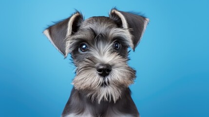Portrait of Schnauzer puppy one year old on blue backdrop with copy space
