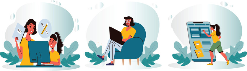 Stance learning illustration set. Characters with people home working places.