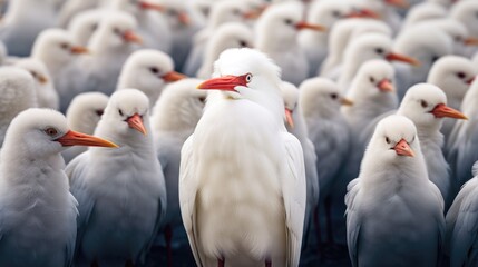 Standing Out from the Crowd, White Bird Standing Between Many other