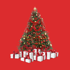 Beautiful Christmas tree with many gift boxes under on red background