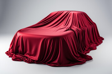 Car covered completey with red satin blanket on white