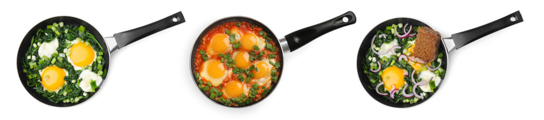 Delicious shakshuka in frying pans isolated on white, top view - obrazy, fototapety, plakaty